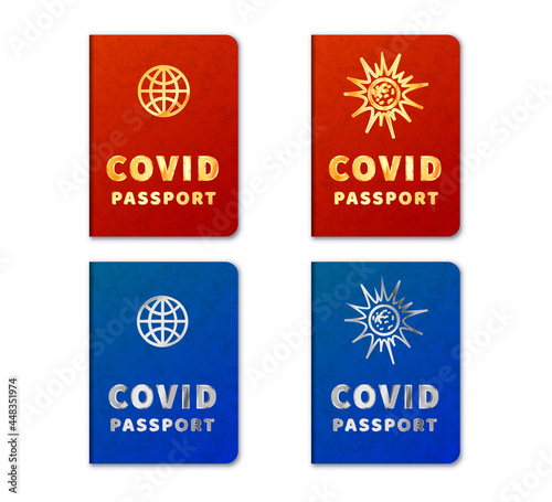 Blue and red realistic COVID passports on white