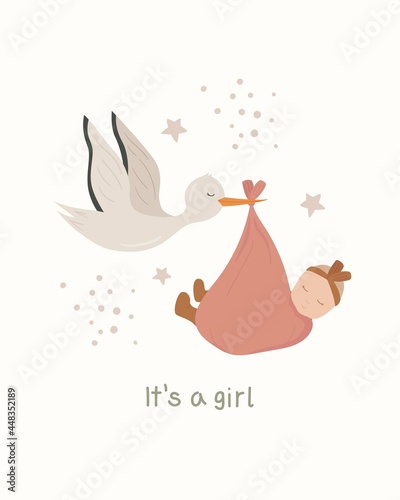 Baby Shower Vector Card with Funny White Stork Holding Big pink Bag with newborn baby. Illustration for children bedroom. White Bird on a white Background.