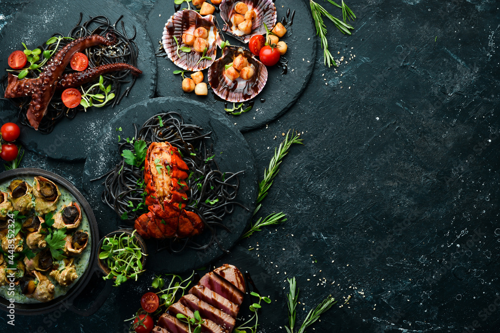 Seafood dishes: salmon, octopus, tuna and rapana on a black stone background. Big banner. Flat Lay.
