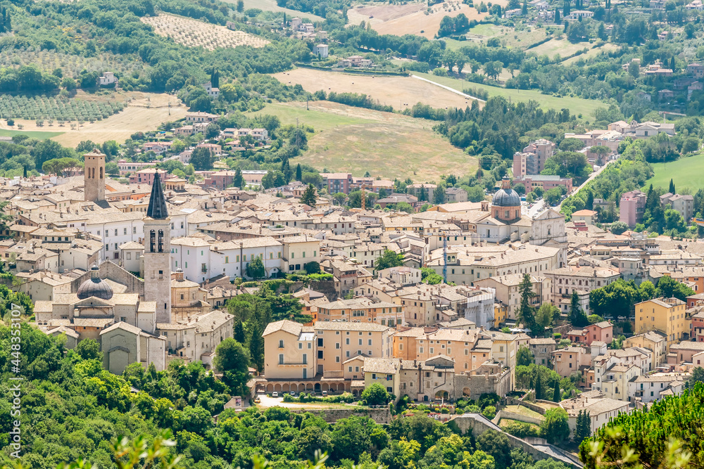 Stunning top view of the historic center of Spoleto, Perugia, Italy, on a sunny day
