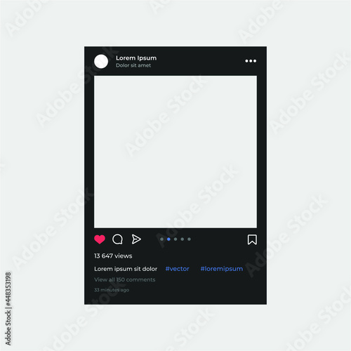 Dark mode social network photo frame template mobile interface. Social media post. Frame for your photo. Mockup. Vector illustration - Vector 