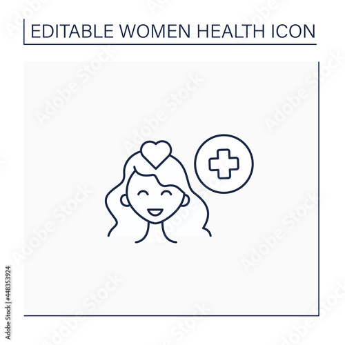 Mental care line icon. Mental health improvement. Selfcare. Happy woman. Comfortable, favorable atmosphere. Woman health concept. Isolated vector illustration.Editable stroke