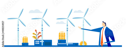 Business people calculating profit from alternative power generators, wind power generators. Alternative energy supply concept 