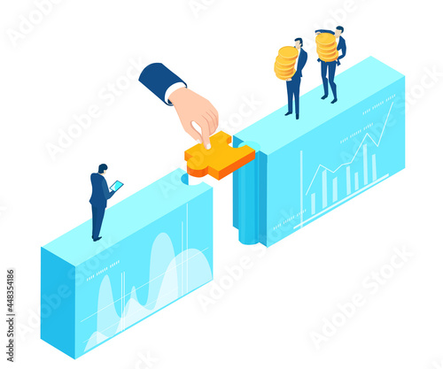 Isometric illustration. Infographic business people working with coins, bankers, investors, portfolio managers. Saving, earning, money managing idea