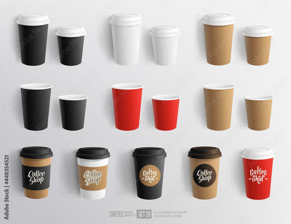 Realistic vector Paper Coffee Cup Blank Mockup for hot beverage package  brand design and logo presentation. Black, White, Red and Brown paper cup  mockup set Stock Vector | Adobe Stock