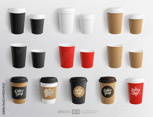 Realistic vector Paper Coffee Cup Blank Mockup for hot beverage package brand design and logo presentation. Black, White, Red and Brown paper cup mockup set
