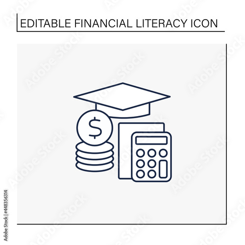 Education line icon. Budget planning. Calculating purchases. Money circulation knowledge.Financial literacy concept. Isolated vector illustration. Editable stroke