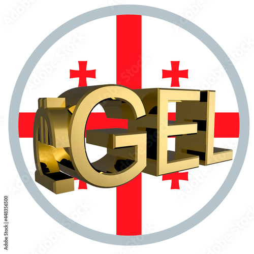 Gilded lari GEL symbol on the background of the flag of Georgia. Finance concept. Rendering 3D. Isolated