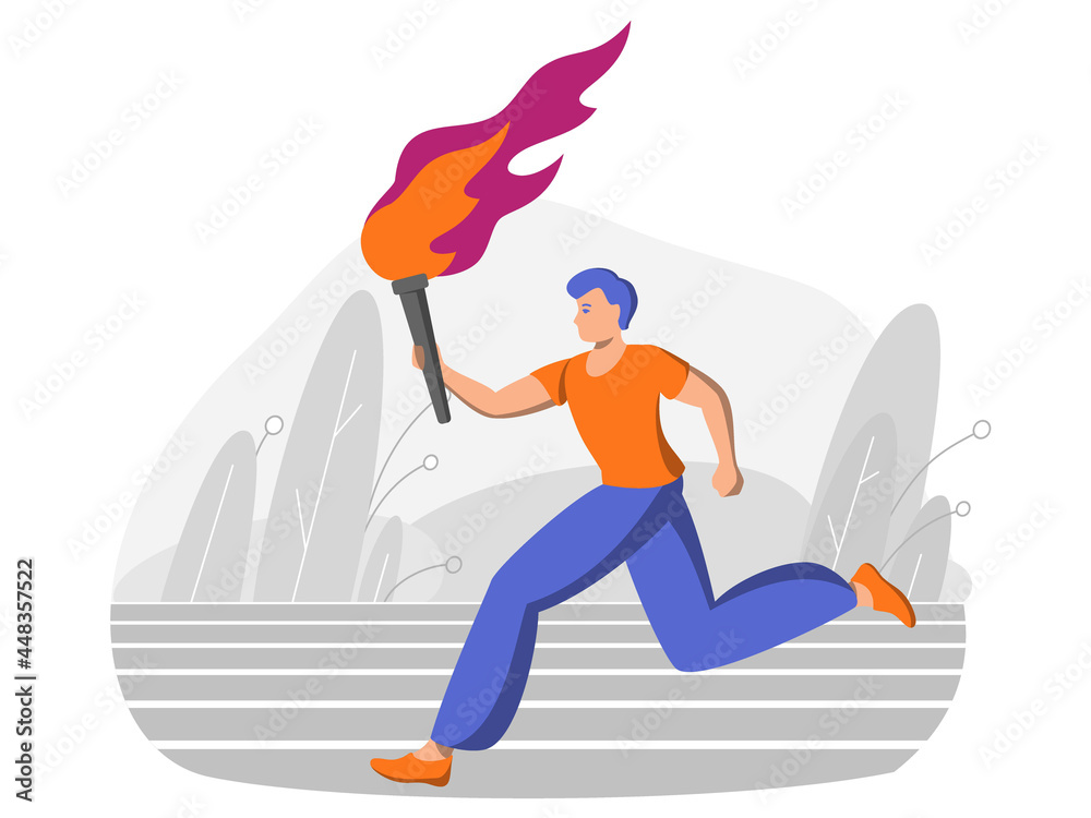 Young male runner carries a torch with fire. Sports games, victory in the competition. Peaceful fire is a symbol of freedom, victory and knowledge, justice. Flat cartoon vector illustration. Young male runner carries a torch with fire. Sports games, victory in the competition. Peaceful fire is a symbol of freedom, victory and knowledge, justice. Flat cartoon vector illustration.
