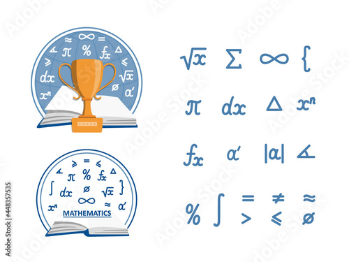 Mathematics: a set of two emblems and a set of arithmetic symbols. Illustration for school and university lectures, students and teachers, math olympiad. Isolated on white flat cartoon vector.