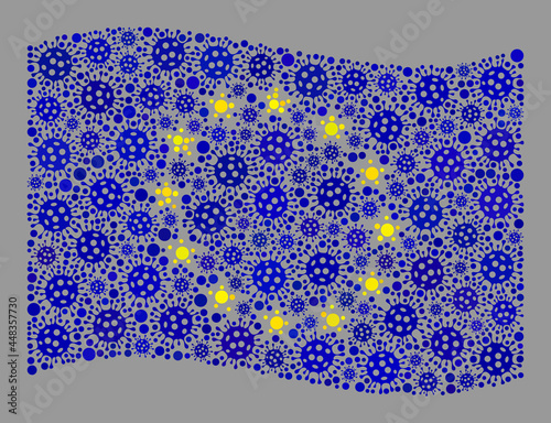 Mosaic waving Europe flag constructed of covid items. Vector covid-2019 collage waving Europe flag constructed for lockdown illustrations. Designed for political or patriotic projects.