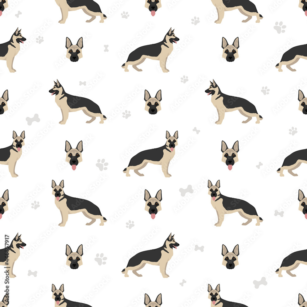 German shepherd dog in different poses and coat colors seamless pattern. German shepherd dog in different poses and coat colors seamless pattern.