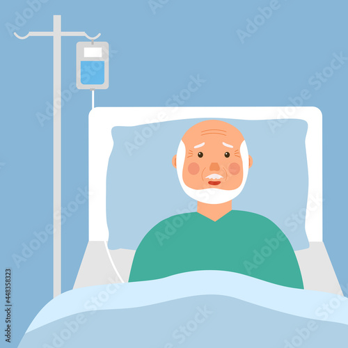 A sick senior man in medical bed on a drip. Old man patient is in hospital vector.