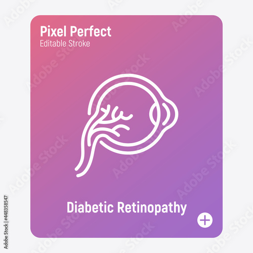 Diabetic retinopathy thin line icon. Ophthalmology. Damage of eyeball because of diabetes mellitus disease. Pixel perfect, editable stroke. Vector illustration.