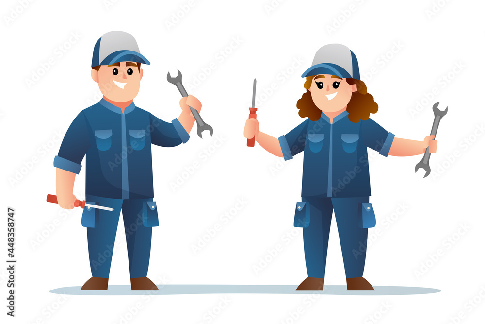 cute male and female mechanic characters holding spanner and screwdriver cute male and female mechanic characters holding spanner and screwdriver
