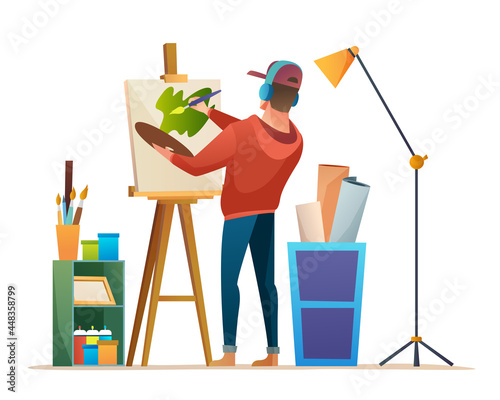 Artist painting on canvas while listening music with headphone in studio concept illustration