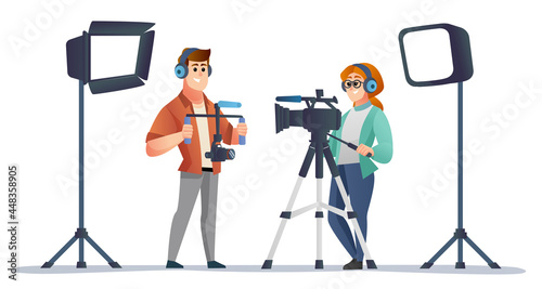 Professional male and female videographer with videography equipment in studio illustration