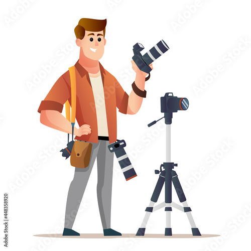 Character of professional male photographer holding camera with tripod