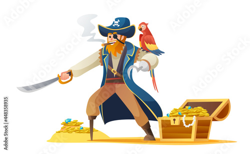 Pirate character holding sword with parrot and treasure chest vector illustration