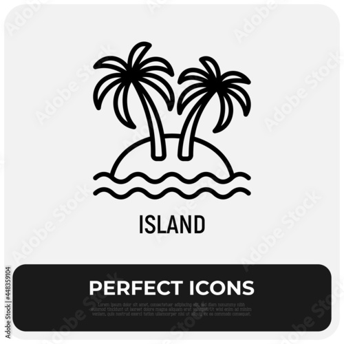 Tropical island thin line icon  palms  sand and sea. Modern vector illustration of summer vacation.