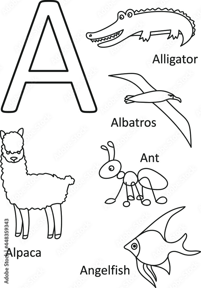 A animals names, Alphabet coloring for kids, Alphabet animals coloring page, ABC coloring, Preschool education