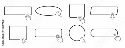with hand or mouse cursor. Computer mouse cursor or hand pointer symbol. Click here web button sign isolated. Outline vector icon set
