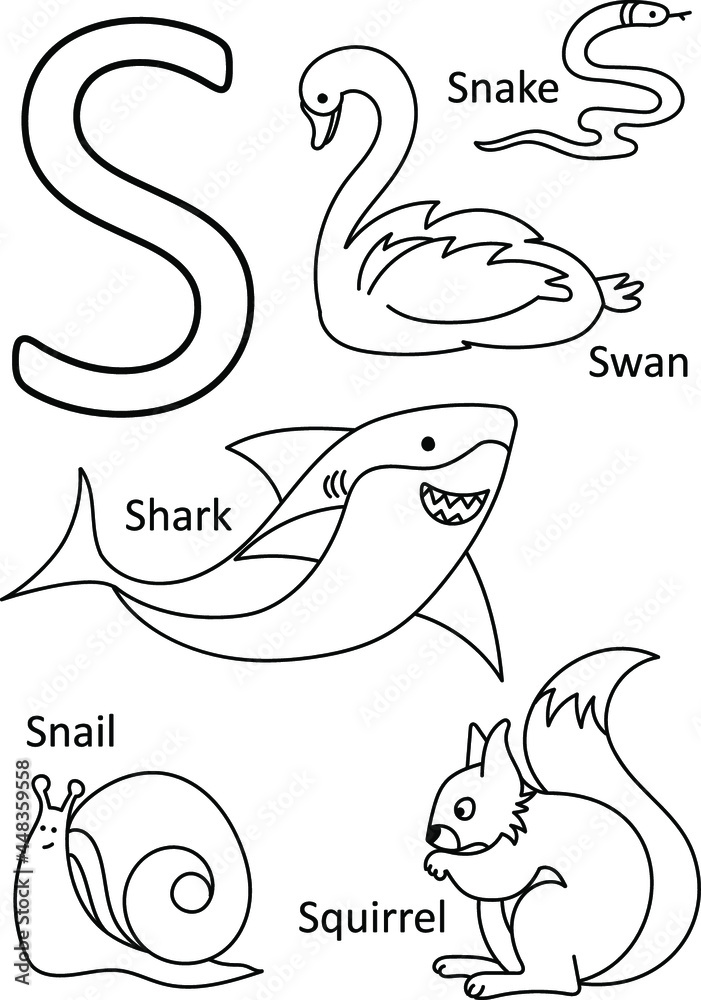 S animals names, Alphabet coloring for kids, Alphabet animals coloring page, ABC coloring