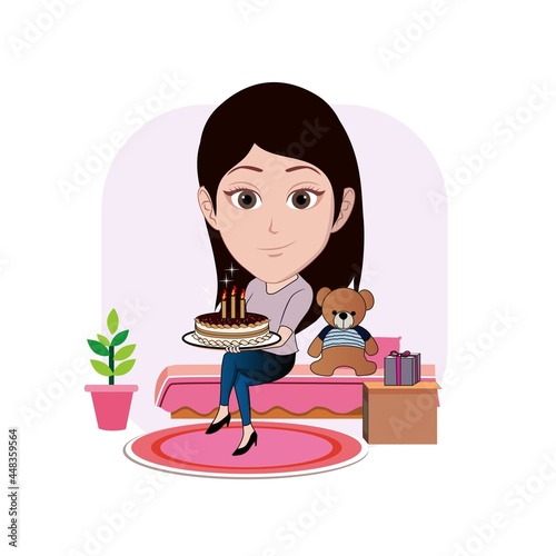 cartoon caricature of A woman brings birthday cake