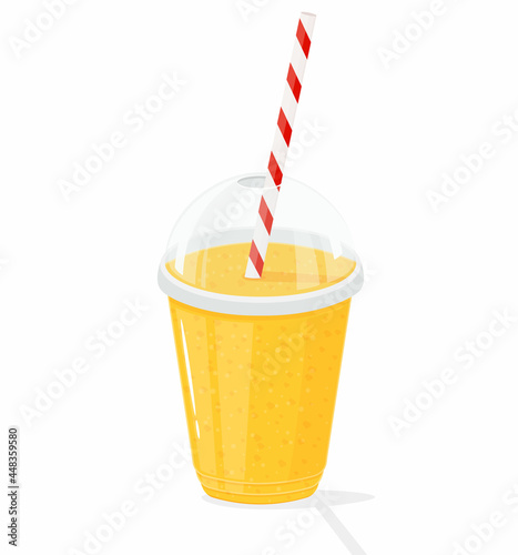 Plastic transparent cups for smoothie with striped pipe. Fresh lemonade, orange juice or smoothie in a plastic cup, vector flat cartoon style