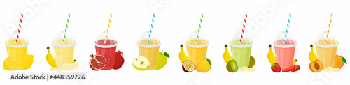Set of fruit cocktail or smoothies. Plastic transparent cups for smoothie with striped pipe. Strawberry, lemon, orange, kiwi, pomegranate, mango, apple, banana cocktail. Flat design