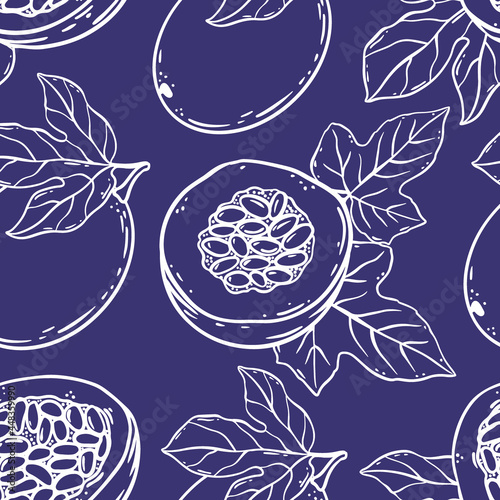PASSION FRUIT PATTERN Delicious Dilicacy Whole And Slices For Design Of Organic Natural Products Shop And Dessert Drinks In Sketch Style Violet Seamless Vector