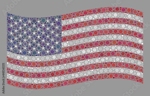 Mosaic waving USA flag designed of cell items. Vector covid collage waving USA flag designed for medicare purposes. Designed for political or patriotic doctrines.