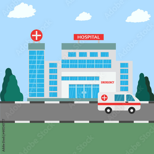 Hospital building with an ambulance car. Healthcare and medical diagnostics. Medical concept.