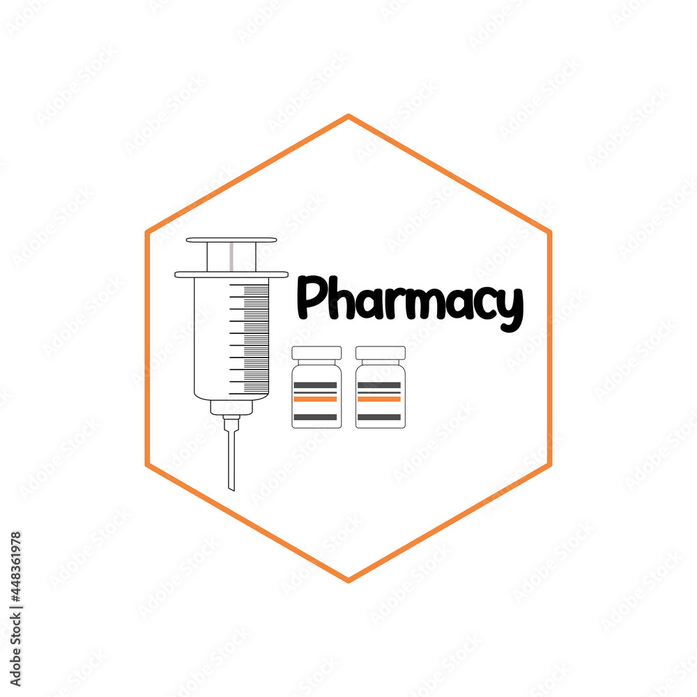 Syringe logo and pharmacy name. Syringe and vial logos for pharmacies and other medical needs. The syringe icon is equipped with dosing size lines. Beside the syringe, there are two vials. Syringe logo and pharmacy name. Syringe and vial logos for pharmacies and other medical needs. The syringe icon is equipped with dosing size lines. Beside the syringe, there are two vials.