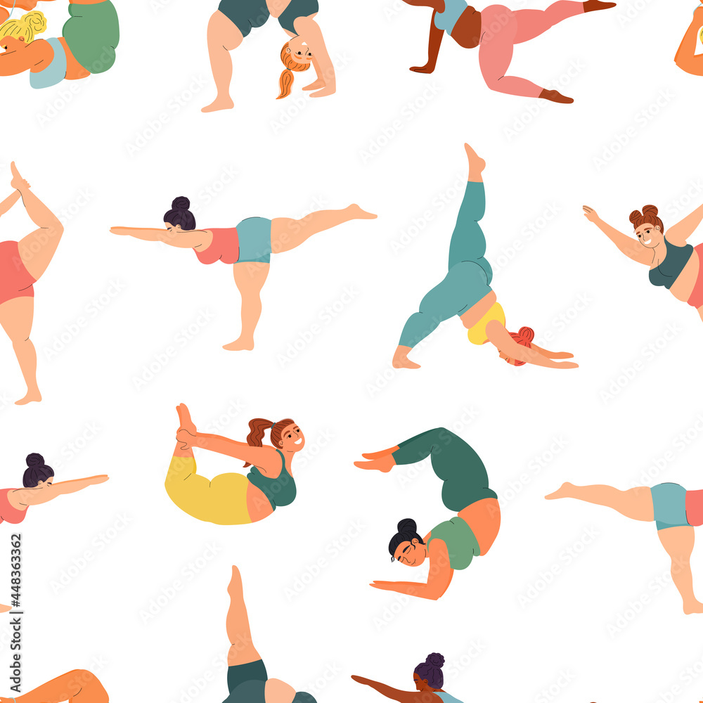 yoga poses and asanas. seamless pattern with fat chubby women yogis. stock vector sports fitness pattern isolated on white background.