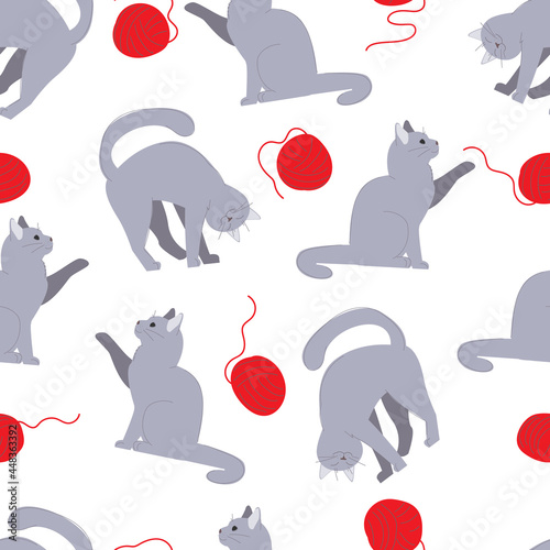 gray cats with fur balls toys. kittens play with red balls. seamless pattern with clews. balls for knitting and cats on a white background.