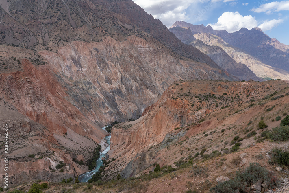 Landscape view of colorful Iskander Darya river valley near Iskanderkul lake, Fann mountains, Sughd, Tajikistan