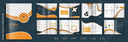 16 pages business profile, modern orange and black combination bi-fold brochure template, fully editable brochure template design.	
