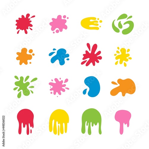 Color blotch set. Organic abstract forms, falling liquid paint shape, colorful simple decorative blob, minimal stain silhouette, bright fluid stains, vector isolated on white background collection