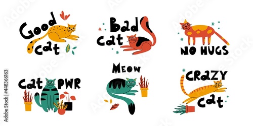 Cartoon cat set. Hand drawn funny pet and lettering, yellow playful good kitten, domestic animals, sticker collection. Card, t-shirt or poster design, vector isolated illustration
