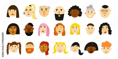 People portrait. Hand drawn male and female faces, social media user avatars collection, hipster man and woman icon, modern human different ages and ethnic, vector isolated cartoon set