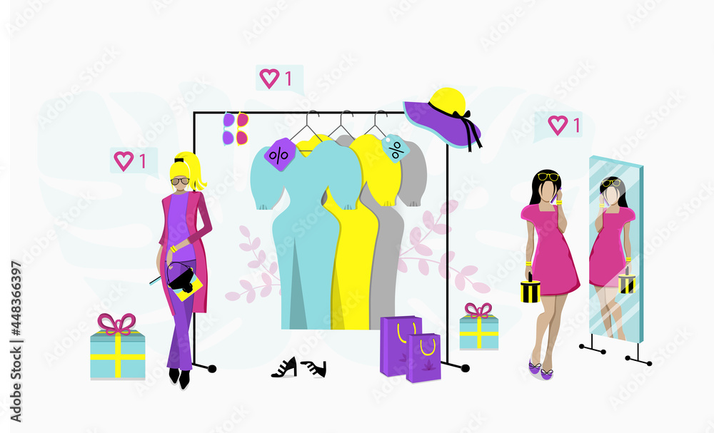 Shop with clothes, women's accessories. flat vector illustration.