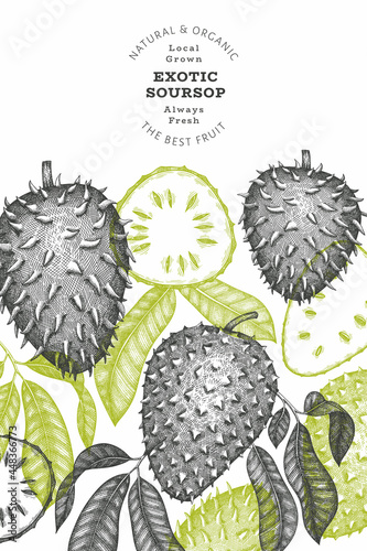 Hand drawn sketch style soursop fruit banner. Organic fresh fruit vector illustration. Retro guanabana design template