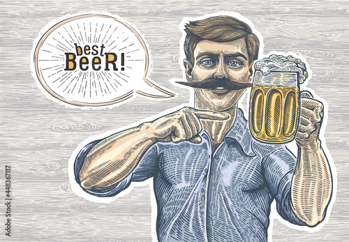 The brewer, (or a man who drinks beer) pointing with a hand gesture at the mug with beer and speech bubble.