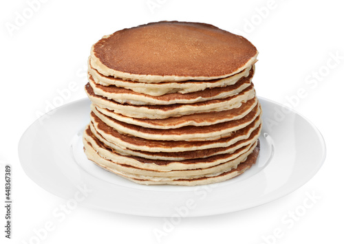 Stack of hot tasty pancakes on white background