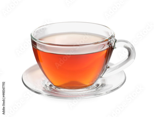 Glass cup of freshly brewed tea isolated on white