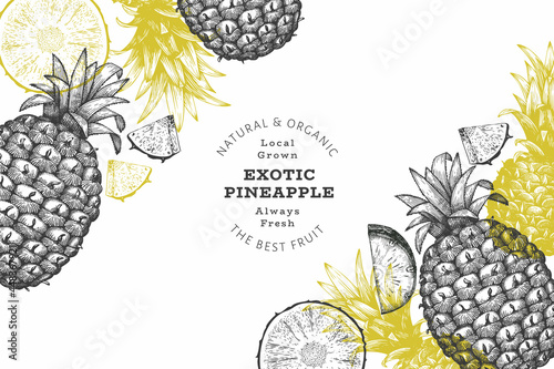 Hand drawn sketch style pineapple banner. Organic fresh fruit vector illustration. Engraved style botanical design template.