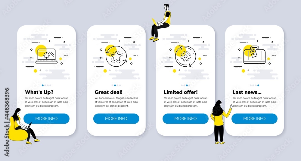 Vector Set of Business icons related to Seo laptop, Loyalty points and Cogwheel icons. UI phone app screens with people. Hand baggage line symbols. Vector Vector Set of Business icons related to Seo laptop, Loyalty points and Cogwheel icons. UI phone app screens with people. Hand baggage line symbols. Vector