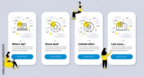 Vector Set of Business icons related to Seo laptop, Loyalty points and Cogwheel icons. UI phone app screens with people. Hand baggage line symbols. Vector