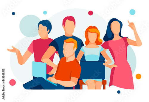 Business discuss, brainstorm concept. Creative people teamwork. Banner with young colleagues working together. Business meeting. Flat illustration of coworkers on wight background.